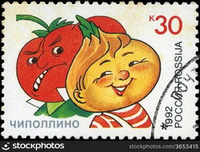 RUSSIA - CIRCA 1992: A stamp printed in Russia shows Signor Tomato and Cipollino, series Characters from Children&acute;s Books, circa 1992