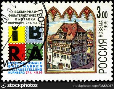 RUSSIA - CIRCA 1999: A stamp printed in Russia shows image of the dedicated to The World Exhibition of postage stamps - International Philatelic Exhibition, held in Nuremberg, circa 1999.