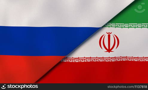 Russia Iran national flags. News, reportage, business background. 3D illustration.. Russia Iran national flags. News, reportage, business background. 3D illustration