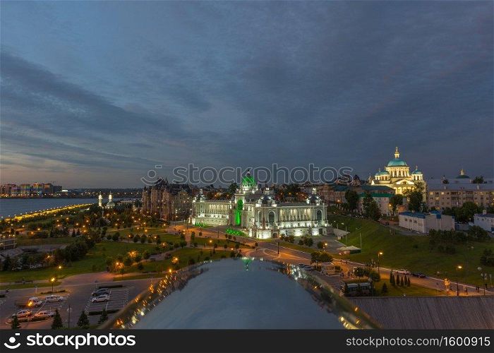 Russia June 23, 2020 Kazan, panoramic view of the Park of Farmers and the Palace of Farmers, photo was taken on a June evening. Kazan, panoramic view of the Park of Farmers and the Palace of Farmers, photo was taken on a June evening