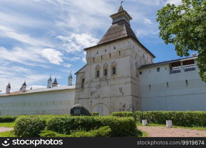 Russia June 30, 2020 the city of Rostov the Great, a view of the Rostov Kremlin and the foundation stone, photo was taken on a sunny summer day. view of the Rostov Kremlin, photo taken on a sunny summer day