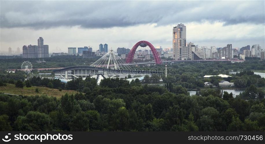 Russia Moscow Center City View on River, Bridge and Buildings of Different Stile.