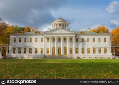 Russia, Moscow Region October 05, 2019 Astafyevo Estate, a view of the palace in the style of classicism, photo taken in autumn on a sunny day. beautiful palace
