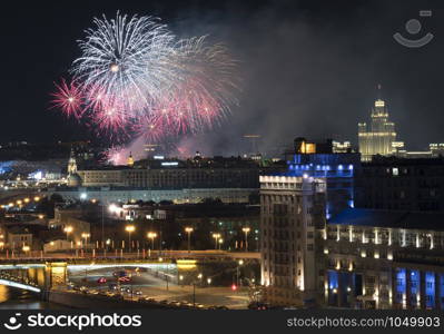 Russia, Moscow, view on the city center at night. Fireworks explosions in the night sky.