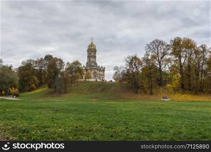 Russia October 5, 2019 the estate of Dubrovitsy, view of the Znamenskaya Church, photo taken in the fall, afternoon on a cloudy day. znamensky church