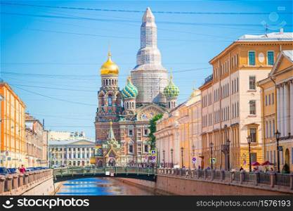 Russia, St. Petersburg - 15th June 2020: Church of the Savior on Spilled Blood in Saint Petersburg at Russia. Orthodox Church Spas na Krovi. Church of the savior on spilled blood or Cathedral of the Resurrection of Christ.