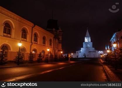 Russia. Tatarstan. Kazan. Kazan Kremlin and Illuminated Kul Sharif mosque at night. Kremlin fortress in Kazan has been designated by UNESCO as World Heritage Site.