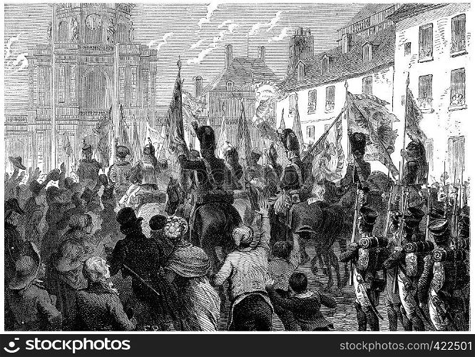 Russian and Austrian flags doors triumphantly in the Senate, vintage engraved illustration. History of France ? 1885.