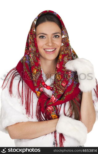 Russian beauty woman in the national patterned shawl