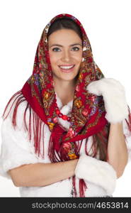 Russian beauty woman in the national patterned shawl