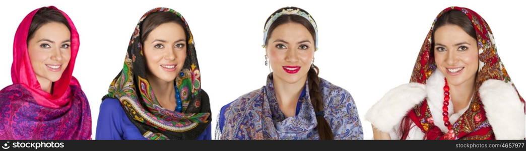 Russian beauty woman in the national patterned shawl