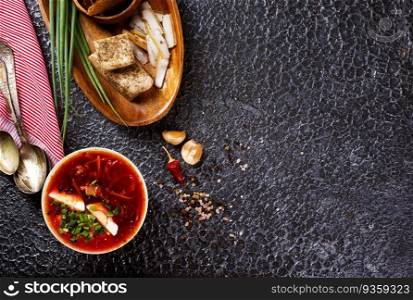 Russian beeet soup borsh, linen tablecloth, green