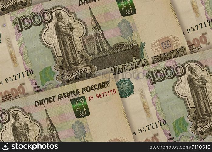 Russian currency background. RUB pattern. Russian Federation banknotes