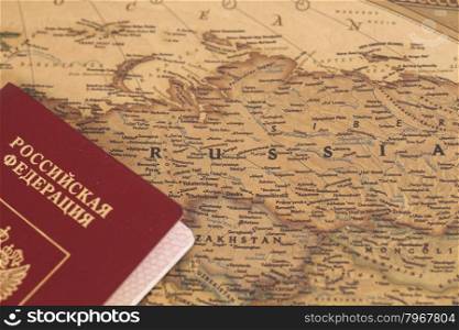 Russian International passport on map close up