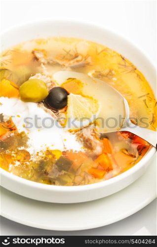 Russian meat soup with pickled cucumbers - solyanka