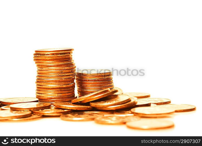 Russian money toned in gold isolated on white. Focused on right column.