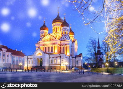 Russian Orthodox Alexander Nevsky Cathedral and Christmass illuminated at night, Tallinn, Estonia. Alexander Nevsky Cathedral at night in Tallinn