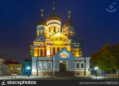 Russian Orthodox Alexander Nevsky Cathedral illuminated at night, Tallinn, Estonia