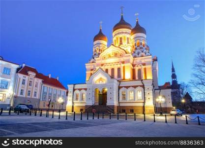 Russian Orthodox Alexander Nevsky Cathedral illuminated at night, Tallinn, Estonia. Alexander Nevsky Cathedral at night in Tallinn