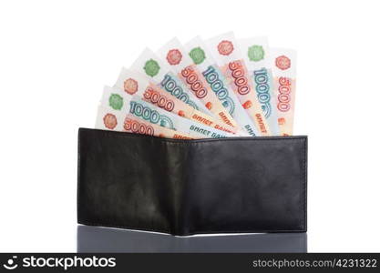 Russian rouble banknotes in black leather wallet isolated on white