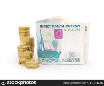 Russian rubles banknotes and coins isolated on white background. Russian Money
