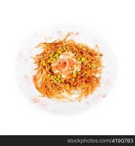 Russian salad with salmon fish at fried sliced potato isolated on a white