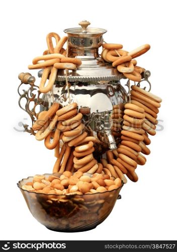 Russian samovar with bagels on the white background, isolate.&#xA;