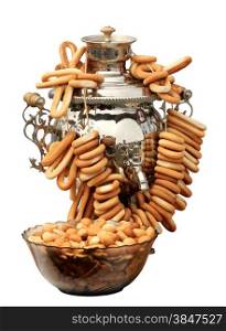 Russian samovar with bagels on the white background, isolate.&#xA;