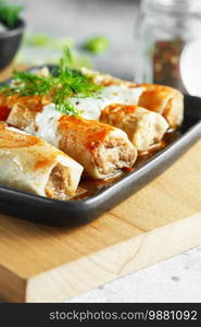 Russian stuffed cabbage rolls served with tomatoes, dill and sour cream in heat-resistant black dishes on a serving board on a gray background