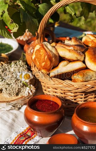Russian table with food. Russian table with traditional food