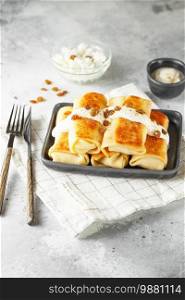 Russian thin pancakes with cottage cheese and raisins. Healthy traditional breakfast concept