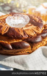 Russian traditional round bread with salt. Russian bread with salt