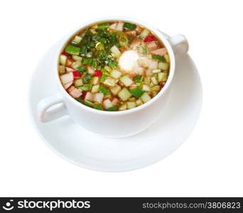 Russian traditional Summer cold soup, okroshka .isolated on white background.