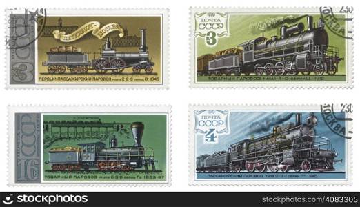 Russian train stamps a Collection of different trains,&#xA;circa 1978 to 1979.&#xA;