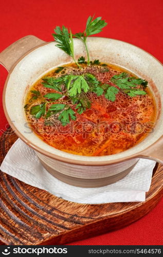 Russian ukraine cuisine - borsch dish on red background