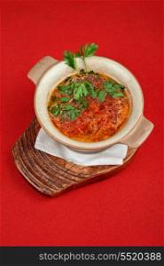 Russian ukraine cuisine - borsch dish on red background