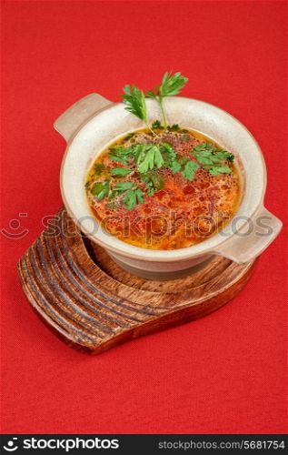 Russian ukraine cuisine - borsch dish on red background