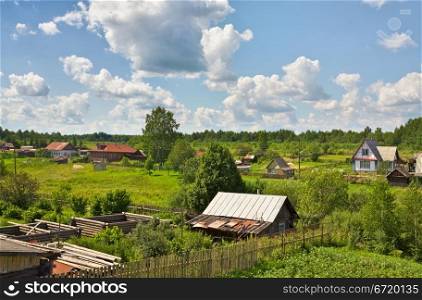 russian village at sunny summer day, high angle view