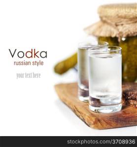 Russian vodka with traditional black bread and pickles on white background (with easy removable sample text)