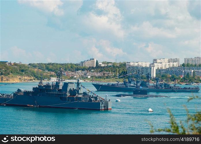 Russian warships and submarine.