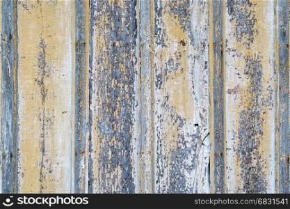 rustic and weathered wood background - planks from a wall of abandoned house with blue and yellow peeling off paint