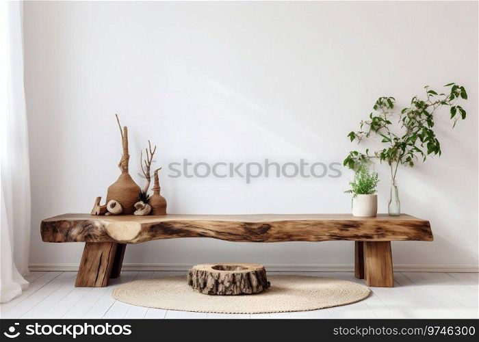 Rustic Boho Living Room  Wooden Slab Bench in Farmhouse Design. Generative ai. High quality illustration. Rustic Boho Living Room  Wooden Slab Bench in Farmhouse Design. Generative ai