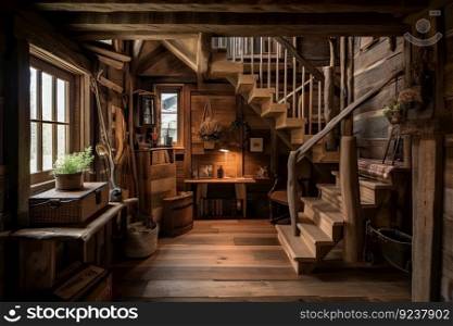 rustic cottage with a warm and inviting interior, featuring natural materials for the walls, flooring, and furniture, created with generative ai. rustic cottage with a warm and inviting interior, featuring natural materials for the walls, flooring, and furniture