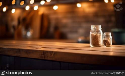 Rustic Elegance, Product Showcase on Wooden Tabletop with Bokeh Lights. Generative ai