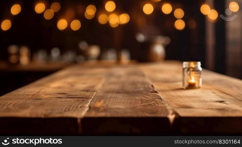 Rustic Elegance, Product Showcase on Wooden Tabletop with Bokeh Lights. Generative ai