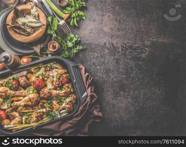 Rustic food background with oven roasted chicken and vegetables in black grill frying pan on rustic background . Top view