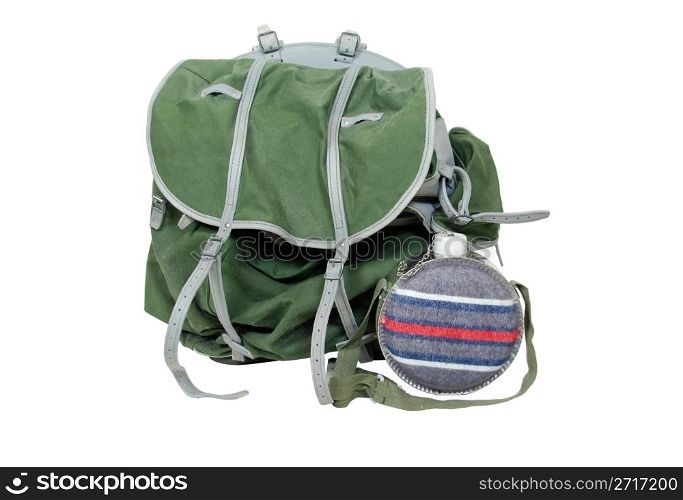 Rustic green backpack with a metal frame and lots of pockets and space and a canteen for water consumption - path included