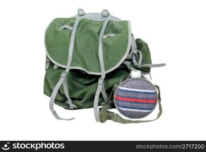 Rustic green backpack with a metal frame and lots of pockets and space and a canteen for water consumption - path included