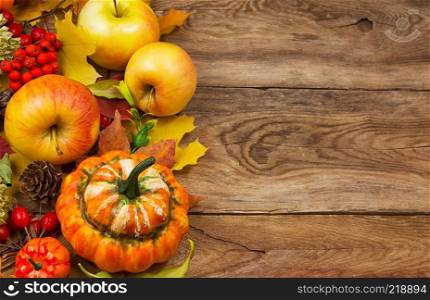 Rustic greeting card background with pumpkins, apples, cones and yellow fall leaves, copy space