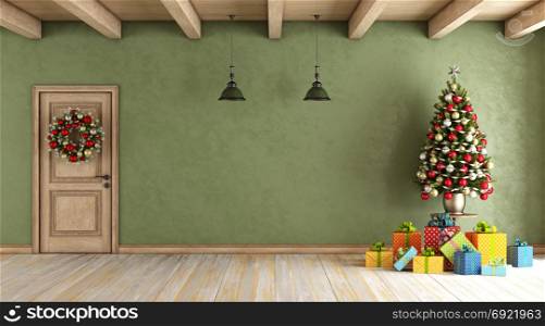 Rustic living room with christmas decoration. Rustic living room with christmas tree,gift box and wreath on wooden door - 3d rendering